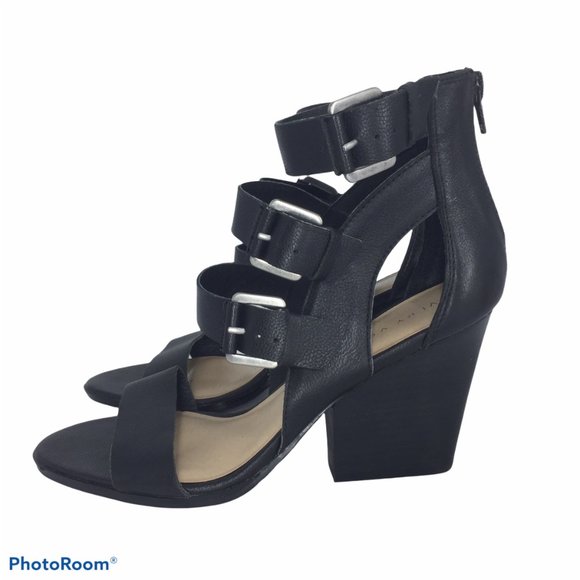 NEW VERY VOLATILE LOS ANGELES 9M Black leather Heel Ankle Strap Buckles - Picture 8 of 13